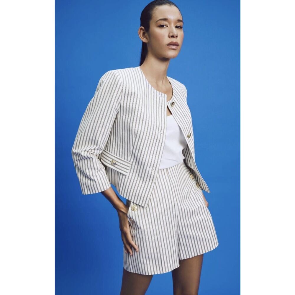 Zara Cream White Striped Long Sleeve Gold Button Down Crop Blazer Coat Jacket S
